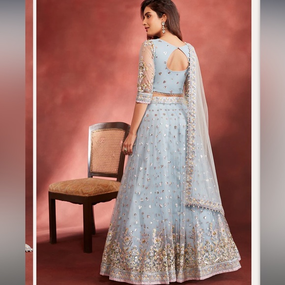 Dusty Blue Embroidered Net Lehenga - Lashkaraa - Picture 2 of 6